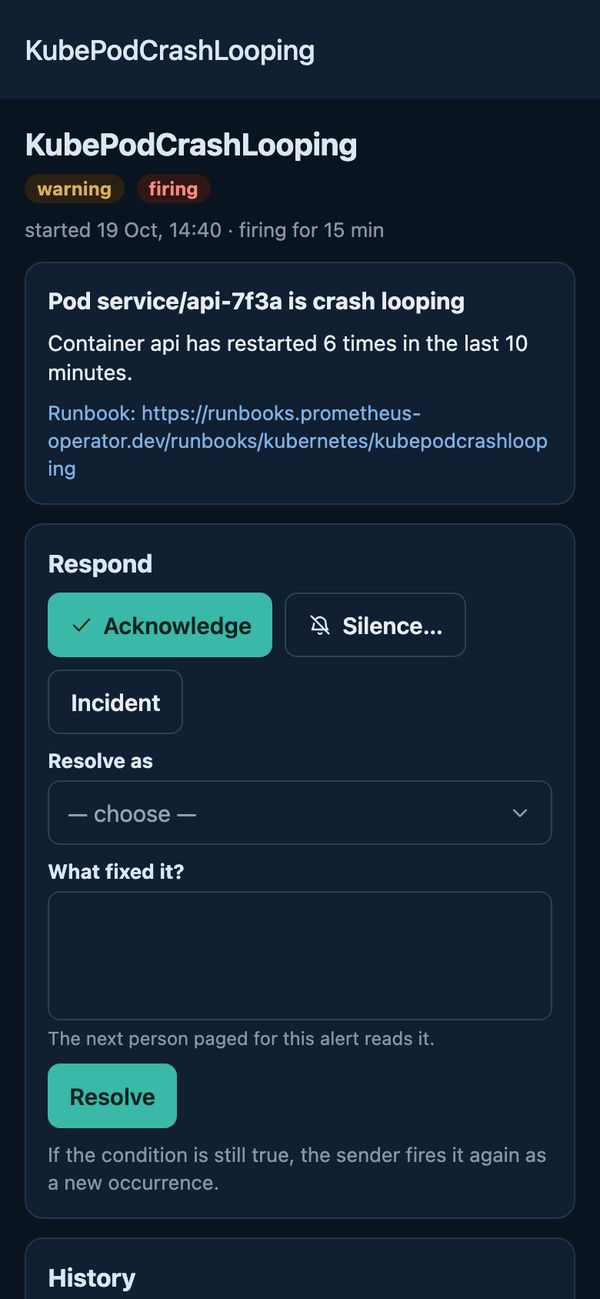 An alert in the Shorthop app with Acknowledge, Silence and the box to record what fixed it.