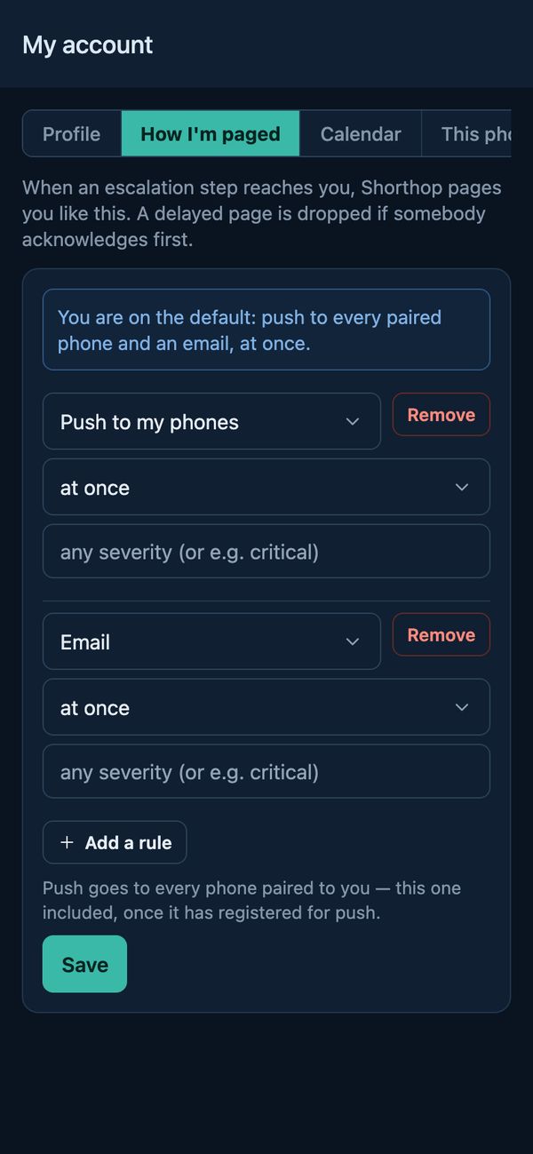 The paging rules in the Shorthop app: push to every paired phone and an email, both at once.