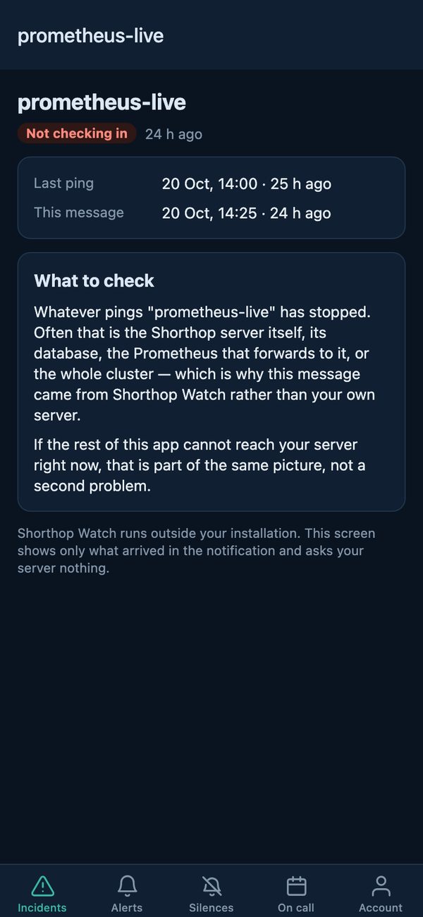 A Shorthop Watch alert on the phone: prometheus-live is not checking in, with when it last pinged and what to check.